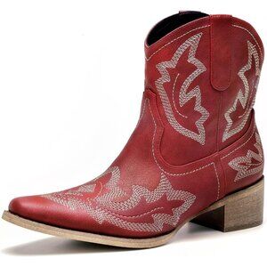 Women Red Rubber Ankle Boot Short Booties for Ladies Classic Fashion Embroidered